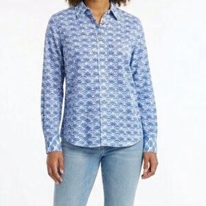 Talbots NWT Blouse Blue-ish Purple + White. Size Petite Large. Linen Blend